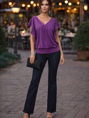 White House Black Market Purple Silk Blend Blouse Flutter Sleeve V-Neck Size Med